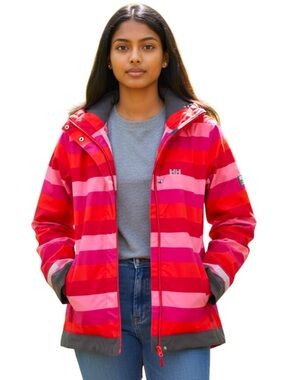 Helly Hansen Pink/Red Stripe Removable Hood Waterproof Rain/Snow Jacket (YL)